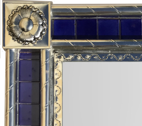 Post Small Silver Cobalt Tile Mexican Mirror Close-Up