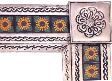 TalaMex Small Silver Sunflower Tile Talavera Tin Mirror Close-Up
