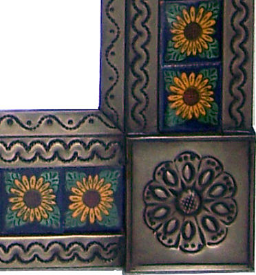TalaMex Big Brown Sunflower Tile Talavera Tin Mirror Close-Up